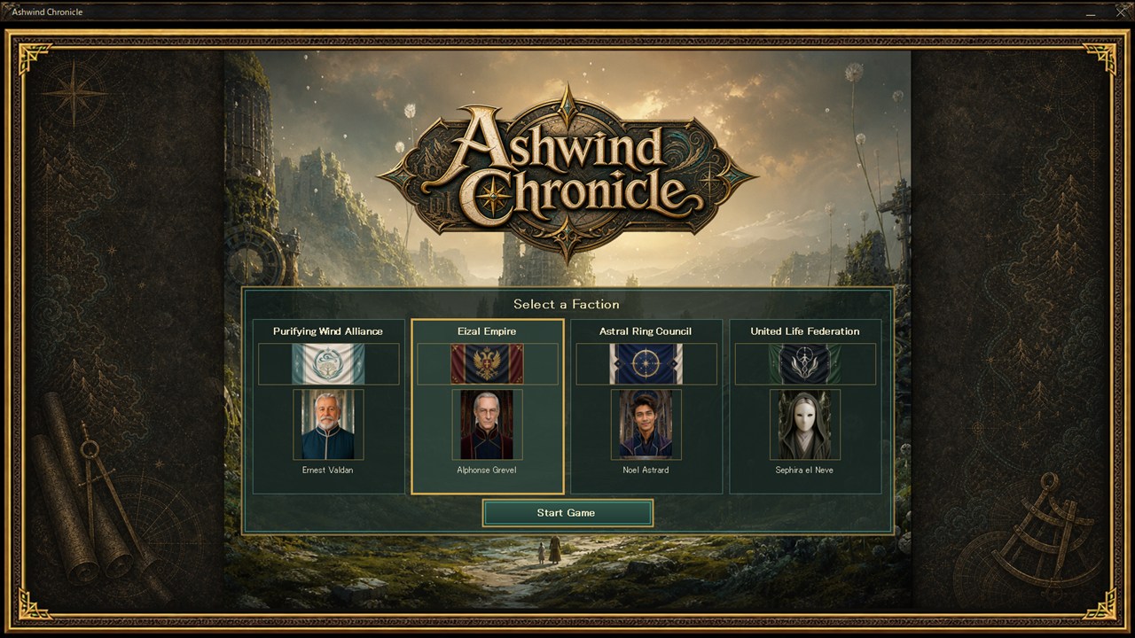 The English faction-selection screen in Ashwind Chronicle