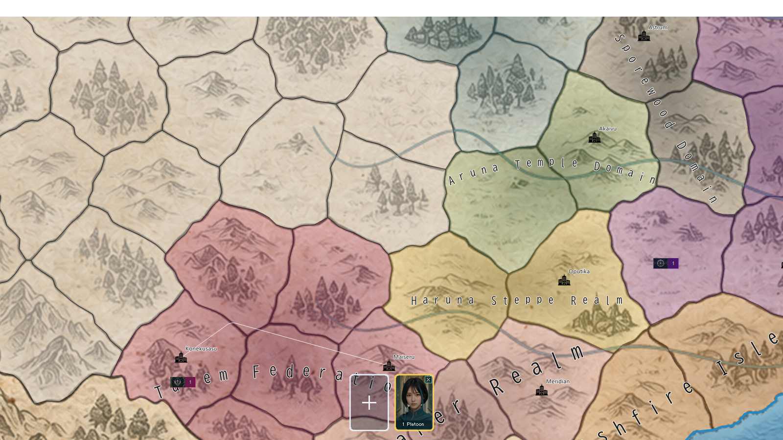 Actual English Debug screen at a close zoom, showing province terrain and individual unit markers.