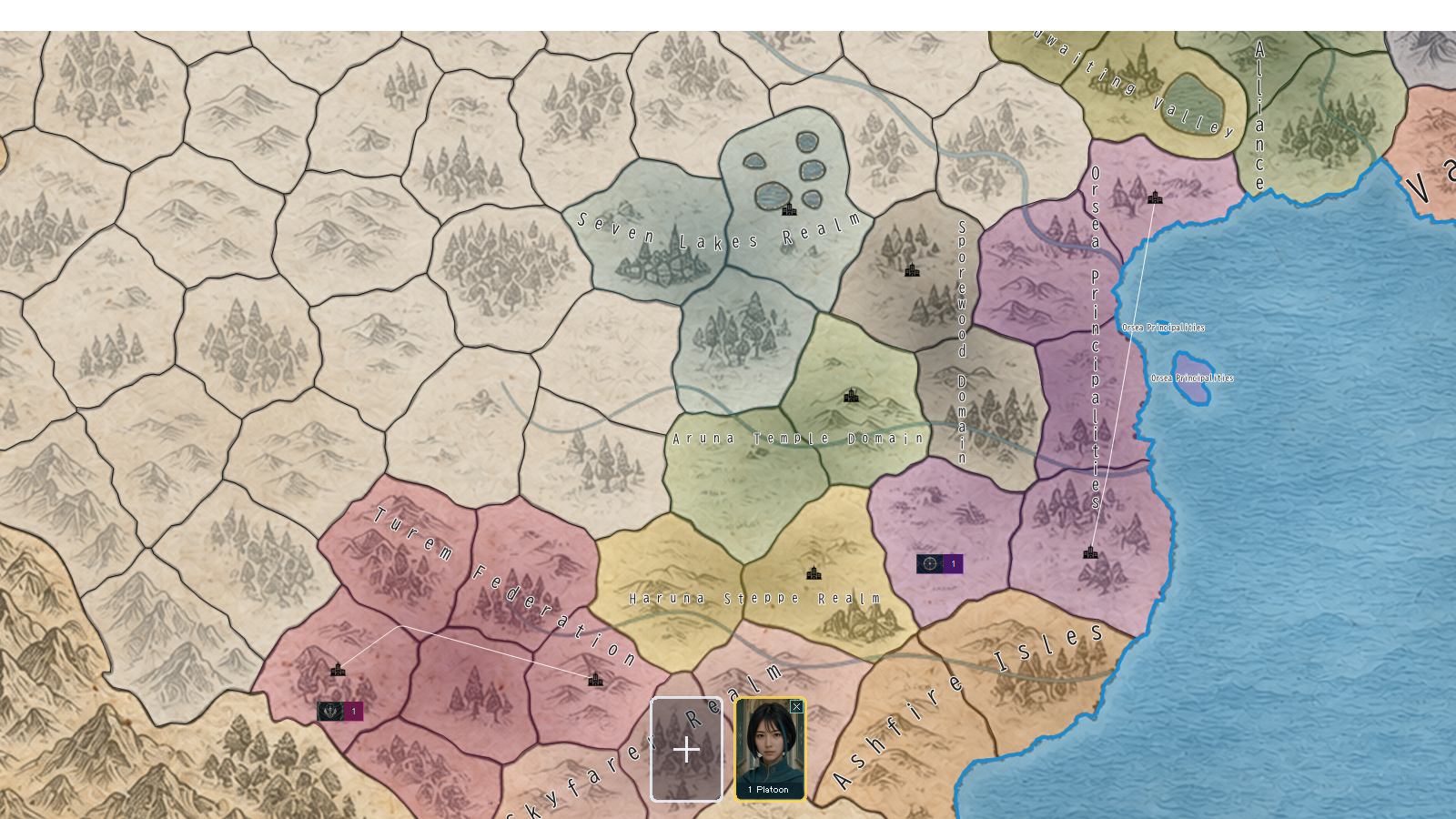 Actual English Debug screen at a medium zoom, showing unit labels near provinces.