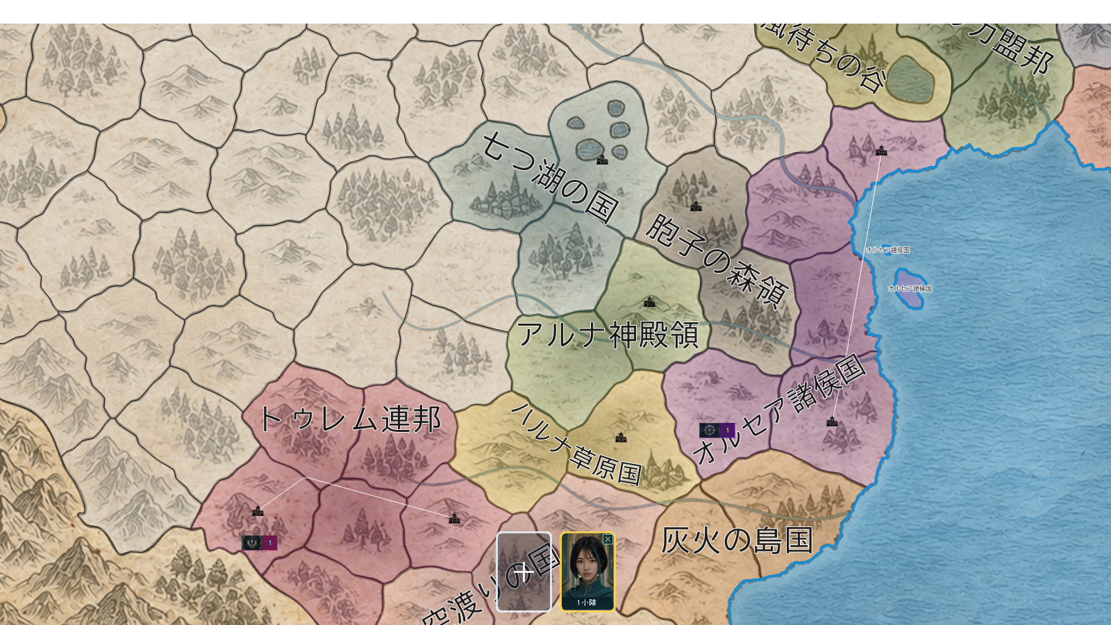 日本語版Debug画面の中間ズーム。地図の一部を大きくし、プロヴィンスの近くに部隊ラベルが表示されている。