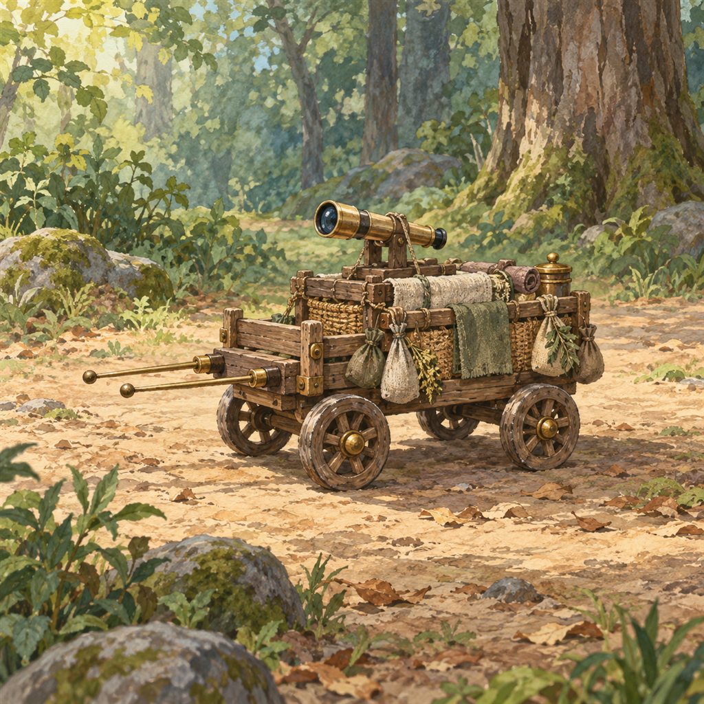 ゲーム内研究用の装備イラスト。薬草や道具を積み、前方に観測器を備えた小型の道案内カート。