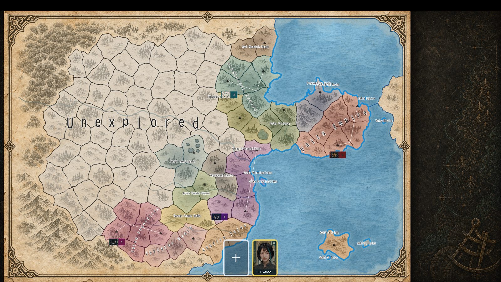 Actual English-language Ashwind Chronicle Debug screen, showing a world map of terrain, territories, and settlements.